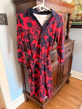 Talbots Performance Fabric Red Navy Blue Floral Wrap Stretch Dress in Medium